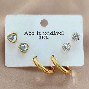 BRINCO KIT ARGOLINHA, CORAÇÃO CRISTAL E PONTO DE LUZ DOURADO AÇO 316L⭐️
