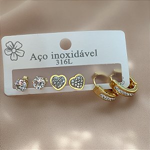 BRINCO KIT ARGOLINHA E CORAÇÃO ZIRCÔNIAS E PONTO DE LUZ DOURADO AÇO 316L⭐️