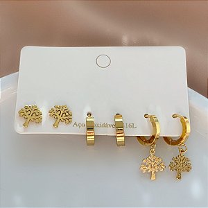 BRINCO KIT ARGOLINHAS ÁRVORE LISA E TEXTURIZADA DOURADO AÇO 316L⭐️