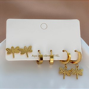 BRINCO KIT ARGOLINHAS LIBÉLULA LISA E TEXTURIZADA DOURADO AÇO 316L⭐️