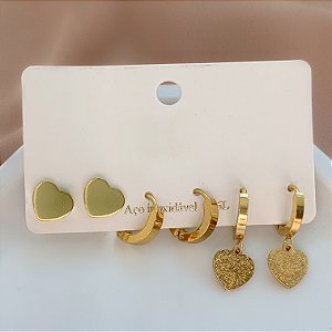 BRINCO KIT ARGOLINHAS CORAÇÃO LISO E TEXTURIZADO DOURADO AÇO 316L⭐️