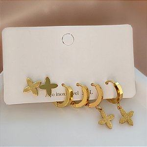 BRINCO KIT ARGOLINHAS TREVO LISO E TEXTURIZADO DOURADO AÇO 316L⭐️