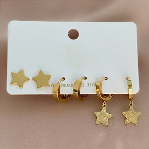 BRINCO KIT ARGOLINHAS ESTRELA LISA E TEXTURIZADA DOURADO AÇO 316L⭐️