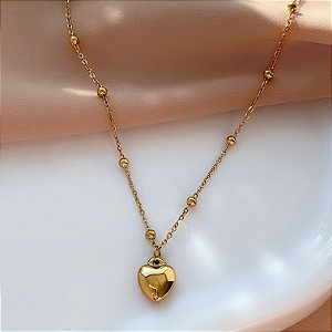 COLAR CORRENTE BOLINHAS PINGENTE CORAÇÃO DOURADO AÇO 316L⭐️