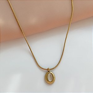 COLAR PINGENTE OVAL PEDRA OLHO DE GATO P DOURADO AÇO 316L⭐️