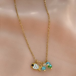 COLAR PEIXINHO ESMALTADO E PEDRINHAS DOURADA AÇO 316L⭐️