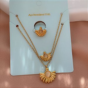 COLAR KIT LEQUE DETALHE PEDRA OLHO DE GATO DOURADO AÇO 316L⭐️