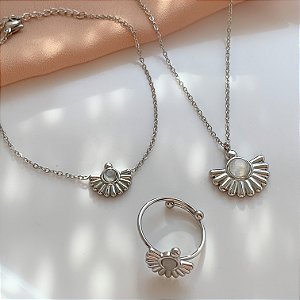 COLAR KIT LEQUE DETALHE PEDRA OLHO DE GATO AÇO 316L⭐️