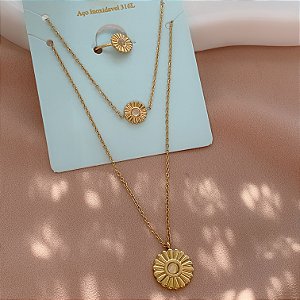 COLAR KIT MARGARIDA BOTÃO PEDRA OLHO DE GATO DOURADO AÇO 316L⭐️