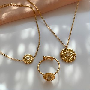 COLAR KIT MARGARIDA BOTÃO PEDRA OLHO DE GATO DOURADO AÇO 316L⭐️