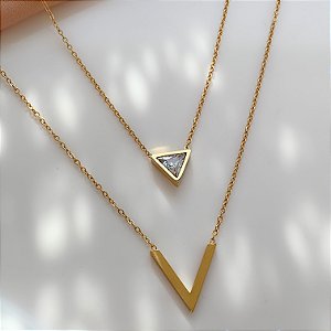 COLAR CORRENTE DUPLA TRIÂNGULO ZIRCÔNIA DOURADA AÇO 316L⭐️