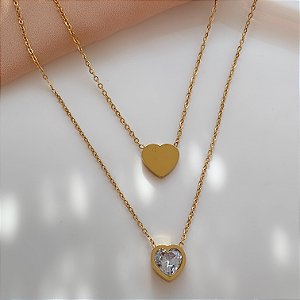 COLAR CORRENTE DUPLA CORAÇÃO ZIRCÔNIA DOURADA AÇO 316L⭐️