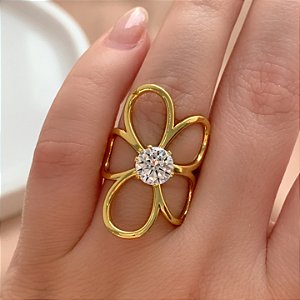 ANEL REGULÁVEL FLOR VAZADA BOTÃO ZIRCÔNIA DOURADO AÇO 316L⭐️