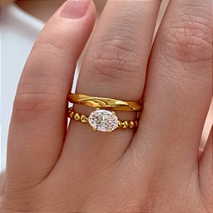 ANEL REGULÁVEL FIO DUPLO LISO E BOLINHAS PONTO DE LUZ ZIRCÔNIA OVAL DOURADO AÇO 316L⭐️