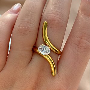 ANEL REGULÁVEL FIO CURVADO PONTO DE LUZ ZIRCÔNIA OVAL DOURADO AÇO 316L⭐️