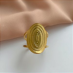 ANEL REGULÁVEL OVAL DESENHO PONTILHADO DOURADO AÇO 316L⭐️