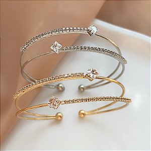 PULSEIRA / BRACELETE FIOS METADE LISOS E ZIRCÔNIA PONTO DE LUZ QUADRADO BIJU