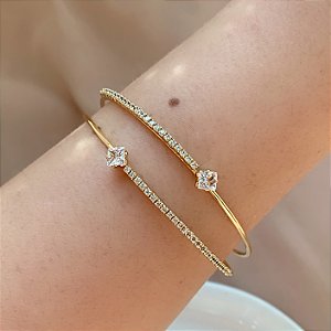 PULSEIRA / BRACELETE FIOS METADE LISOS E ZIRCÔNIA PONTO DE LUZ QUADRADO BIJU