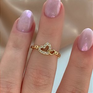 ANEL FALANGE FIO CORRENTE CORAÇÕES ZIRCÔNIAS DOURADO BIJU