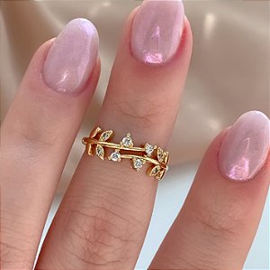 ANEL FALANGE FOLHAS ZIRCÔNIAS DOURADO BIJU