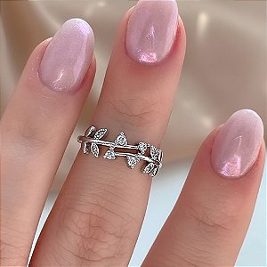 ANEL FALANGE FOLHAS ZIRCÔNIAS PRATEADO BIJU