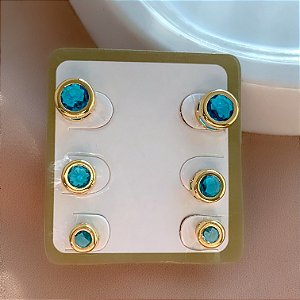BRINCO KIT PEDRAS AZUIS REDONDAS FOLHEADO A OURO 18K⭐