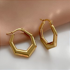 BRINCO ARGOLA GEOMÉTRICO HEPTÁGONO FECHO ITALIANO DOURADO AÇO 316L⭐️