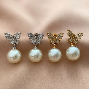BRINCO BORBOLETA CRAVEJADA EM ZIRCÔNIAS E PÉROLA BIJU
