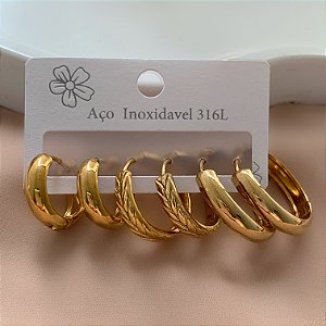 BRINCO KIT ARGOLAS LISAS E DESENHADA DOURADO AÇO 316L⭐️