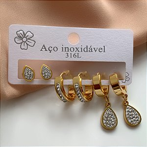 BRINCO KIT ARGOLINHAS GOTAS ZIRCÔNIAS DOURADO AÇO 316L⭐️
