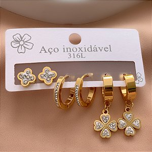 BRINCO KIT ARGOLINHAS TREVOS ZIRCÔNIAS DOURADO AÇO 316L⭐️