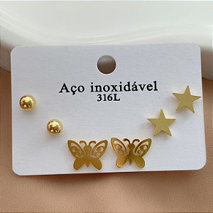 BRINCO KIT BORBOLETA, ESTRELA E BOLINHA DOURADO AÇO 316L⭐️