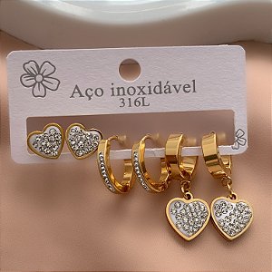 BRINCO KIT ARGOLINHAS CORAÇÕES ZIRCÔNIAS DOURADO AÇO 316L⭐️