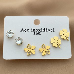BRINCO KIT TREVOS E PONTO DE LUZ DOURADO AÇO 316L⭐️