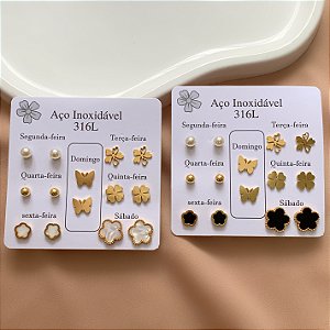 BRINCO KIT DIAS DA SEMANA FLOR RESINADA DOURADO AÇO 316L⭐️