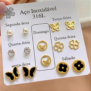 BRINCO KIT DIAS DA SEMANA BORBOLETA RESINADA DOURADO AÇO 316L⭐️