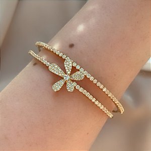 PULSEIRA / BRACELETE FIOS ZIRCÔNIA E FLOR BIJU