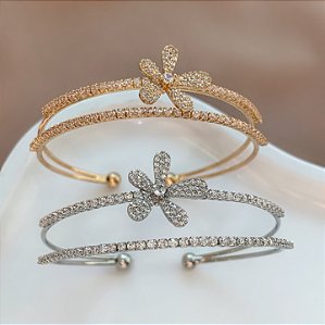 PULSEIRA / BRACELETE FIOS ZIRCÔNIA E FLOR BIJU