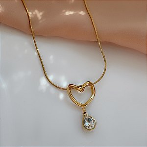 COLAR CORAÇÃO COM GOTA DE ZIRCÔNIA DOURADO AÇO 316L⭐️