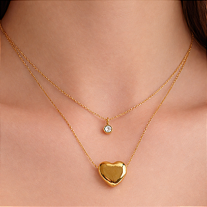 COLAR DUPLO CORAÇÃO E PONTO DE LUZ DOURADO AÇO 316L⭐️
