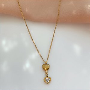 COLAR PINGENTE CORAÇÃO DUPLO LISO E ZIRCÔNIA DOURADO AÇO 316L⭐️