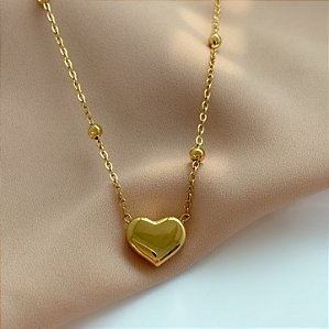 COLAR CORRENTE BOLINHA E PINGENTE CORAÇÃO LISO DOURADO AÇO 316L⭐️