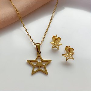 COLAR KIT ESTRELA DUPLA VAZADO DOURADO AÇO 316L⭐️