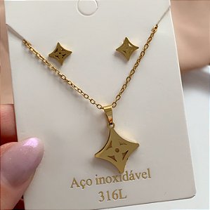COLAR KIT TREVO LOSANGO VAZADO DOURADO AÇO 316L⭐️