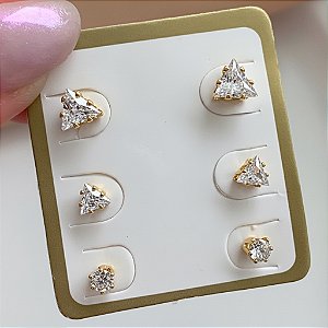 BRINCO KIT TRIÂNGULO PONTO DE LUZ FOLHEADO A OURO 18K⭐
