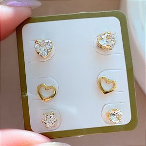 BRINCO KIT CORAÇÃO ZIRCÔNIA E CORAÇÃO VAZADO FOLHEADO A OURO 18K⭐