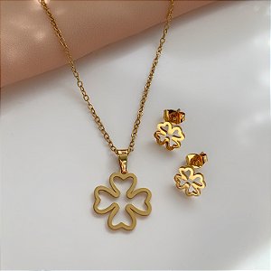 COLAR KIT TREVO DA SORTE VAZADO DOURADO AÇO 316L⭐️