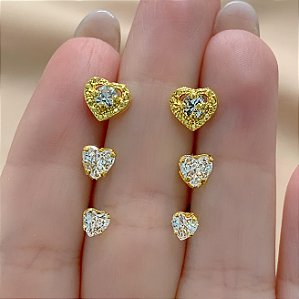 BRINCO KIT CORAÇÕES ZIRCÔNIAS HIPOALERGÊNICO FOLHEADO A OURO 18K⭐