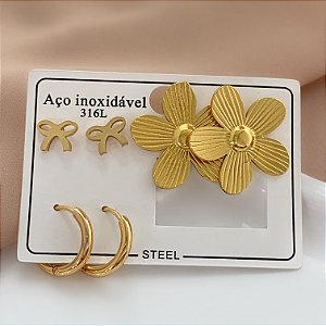 BRINCO KIT FLOR E LAÇO DOURADO AÇO 316L⭐️