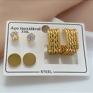 BRINCO KIT ARGOLA QUADRADA TORCIDA E ZIRCÔNIA DOURADO AÇO 316L⭐️